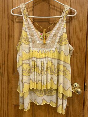 Free People Vintage Tank Top with Embroidery and Tassel Tie Yellow